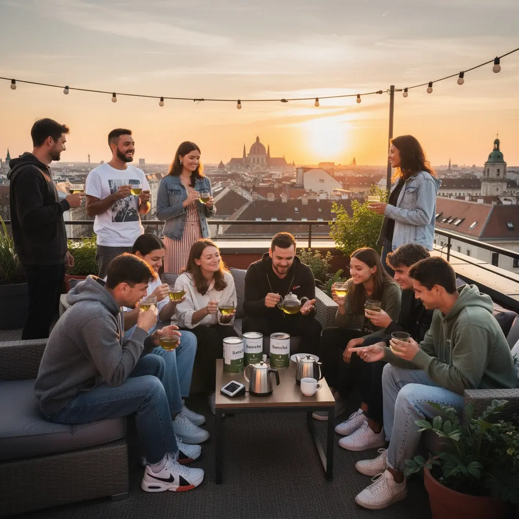 Egy csésze gőzölgő bancha zöld tea, amely otthoni pihenést idéz.