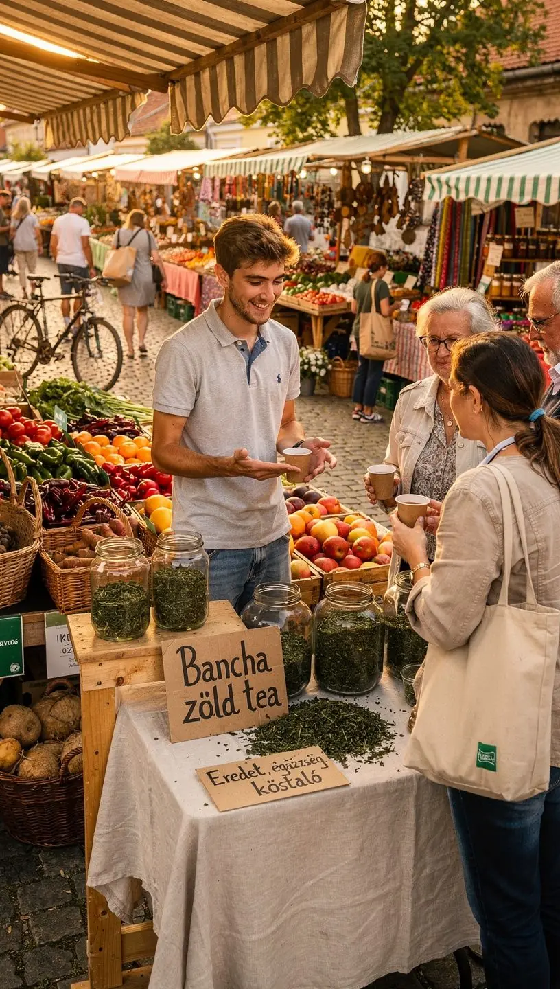 Zöld tea készítési folyamatának lépései, vízforralás közben.